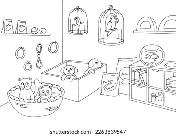 Pet shop store graphic interior black white sketch illustration vector 