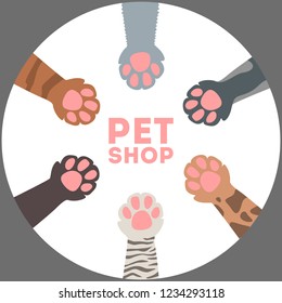 Pet shop or store logotype with cat paw. Animal care concept. Round shape design for store. Flat vector illustration
