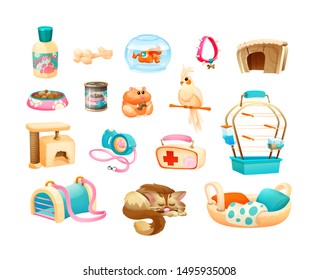 Pet shop supplies with parrot, hamster, cat. Pet accessories: shampoo, basket, bone, food, leash-collar, first-aid kit, aquarium with fish, dog collar. Petshop supermarket vector cartoon illustration