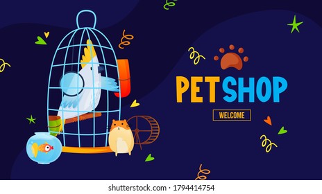 Pet shop text label. Parrot, hamster and aquarium. Vector background template. Ad poster design for pet shop or else.