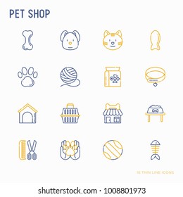 Pet shop thin line icons set: cat, dog, collar, kennel, grooming, food, toys. Modern vector illustration.