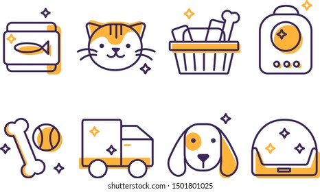 Pet shop thin line yellow color icons set, vector illustration