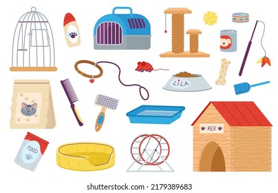 Pet shop tools. Dog hairstyling tools, parrot cage and cat accessories. Cartoon pets carriers and toy, isolated animal styling service decent vector elements