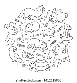Pet shop, types of pets in circle template, cartoon illustrations animals in line style. Logo, pictogram, infographic elements