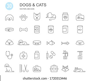 Pet shop, types of pets. Set of flat vector icons with a thin line.