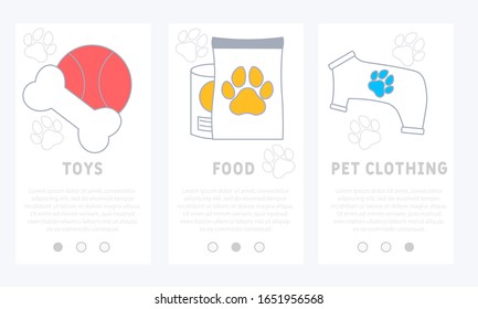 Pet shop user mobile interface. Pet clothing,  toys, food thin line icon. Modern vector illustration