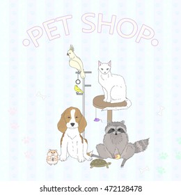 Pet Shop. Various cute pets on pastel background with decorative elements. All the elements are isolated. Hand drawn vector illustration.