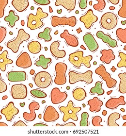 Pet Shop Vector background. Dry Pet Food Seamless pattern. Hand drawn doodle Cat food or Dog Food 