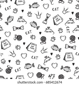 Pet Shop Vector background. Hand drawn doodle Goods for pets. Cat supplies and Pet Food Seamless pattern. Black and white illustration