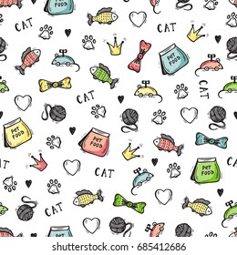 Pet Shop Vector background. Hand drawn doodle Goods for pets. Cat supplies and Pet Food Seamless pattern 