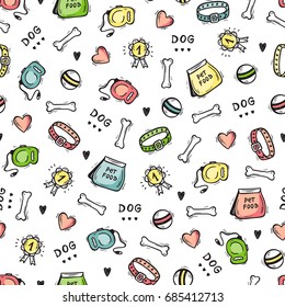 Pet Shop Vector background. Hand drawn doodle Goods for pets. Dog supplies and Pet Food Seamless pattern 