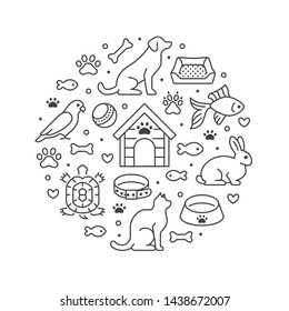 Pet shop vector circle banner with flat line icons. Dog house, cat food, bird, rabbit, fish, animal paw, bowl illustrations. Thin signs for veterinary poster isolated on white background.