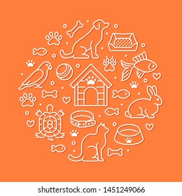 Pet shop vector circle banner with flat line icons. Dog house, cat food, bird, rabbit, fish, animal paw, bowl illustrations. Thin signs for veterinary poster isolated on orange background.