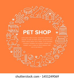 Pet shop vector circle banner with flat line icons. Dog house, cat food, bird, rabbit, fish, animal paw, bowl illustrations. Thin signs for veterinary poster isolated on orange background.