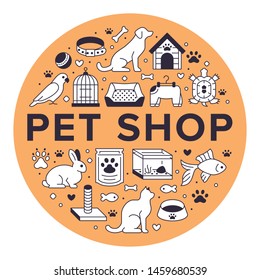Pet shop vector circle banner with flat line icons. Dog house, cat food, bird cage, rabbit, fish aquarium, animal paw, collar illustrations. Thin signs veterinary poster isolated on orange background.