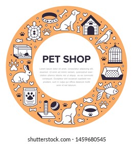 Pet shop vector circle banner with flat line icons. Dog house, cat food, bird cage, rabbit, fish aquarium, animal paw, collar illustrations. Thin signs veterinary poster isolated on orange background.