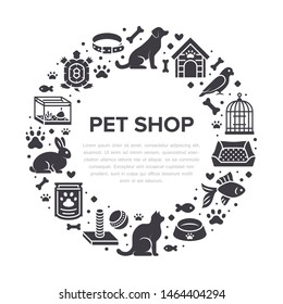 Pet shop vector circle banner with flat silhouette icons. Dog house, cat food, bird, rabbit, fish, animal paw, bowl illustrations. Signs for veterinary poster isolated on white background.