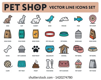 Pet Shop Vector Color Flat Line Icon Illustrations Set. Animals: Dog, Cat, Rabbit, Bird, Mouse, Fish. Food. Accessories: Collar, Bowl, Food, Bone, Carrier, Aquarium, Kennel, Clew, Tray, Cushion. 