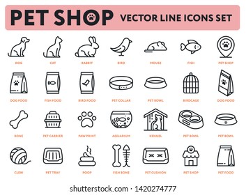 Pet Shop Vector Flat Line Icon Illustrations Set. Animals: Dog, Cat, Rabbit, Bird, Mouse, Fish. Food. Accessories: Collar, Bowl, Food, Bone, Carrier, Aquarium, Kennel, Clew, Tray, Poop, Cushion. 