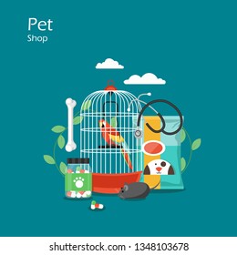 Pet shop vector flat style design illustration. Parrot in cage, dog food, bone, mouse toy, vet stethoscope, pill bottle. Animal supplies and pet accessories composition for web banner, website page.