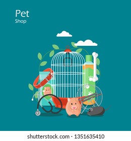 Pet shop vector flat style design illustration. Hamster, bird cage, food, bone, mouse toy, shampoo bottle, dog collar, vet stethoscope. Pet store product composition for web banner, website page etc.