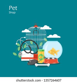 Pet shop vector flat style design illustration. Fish in aquarium, bird cage, food bowl, bone, toys, vet stuff. Pet store composition for web banner, website page etc.