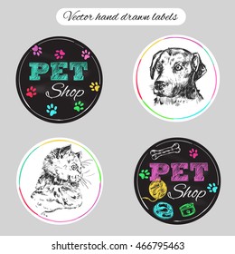 Pet shop. Vector hand drawn labels, stickers
