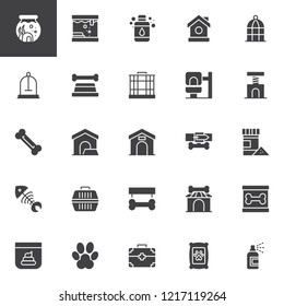 Pet shop vector icons set modern solid symbol collection filled style pictogram pack. Signs logo illustration. Set includes icons as Aquarium, Bird house, Portable Cage, Cat house, Fish food, Dog Bone