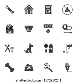 Pet shop vector icons set, modern solid symbol collection, filled style pictogram pack. Signs, logo illustration. Set includes icons as dog food bowl, kennel house, collar, anti-flea shampoo, bone