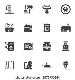 Pet shop vector icons set, modern solid symbol collection, filled style pictogram pack. Signs, logo illustration. Set includes icons as includes icons as cat food, kennel, scratching post, litter tray