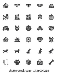 Pet shop vector icons set, modern solid symbol collection, filled style pictogram pack. Signs, logo illustration. Set includes icons as dog training, house, collar, canine food, vet aid kit, dog house