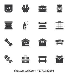 Pet shop vector icons set, modern solid symbol collection, filled style pictogram pack. Signs, logo illustration. Set includes icons as animal carrier, pets paw, bird cage, dog house, vet kit, poo bag