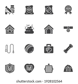 Pet shop vector icons set, modern solid symbol collection, filled style pictogram pack. Signs, logo illustration. Set includes icons as kennel house, veterinary vaccine, animal poo, pet toys, bone