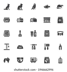 Pet shop vector icons set, modern solid symbol collection filled style pictogram pack. Signs, logo illustration. Set includes icons as bird cage, cat scratcher, fish aquarium, collar, canine food, dog