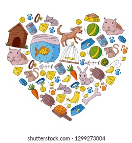 Pet shop. Vector illustration with animals, dog, cat, fish, Colorful background with kitten, bird, puppy. Veterinarian clinic.