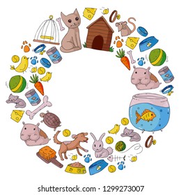 Pet shop. Vector illustration with animals, dog, cat, fish, Colorful background with kitten, bird, puppy. Veterinarian clinic.