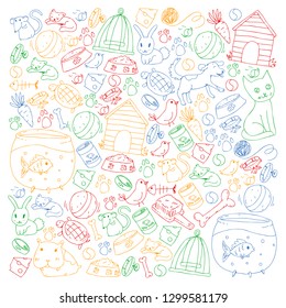 Pet shop. Vector illustration with animals, dog, cat, fish, Colorful background with kitten, bird, puppy. Veterinarian clinic.