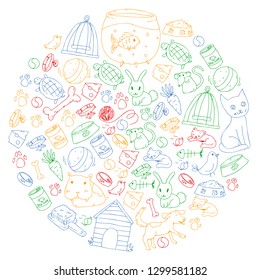 Pet shop. Vector illustration with animals, dog, cat, fish, Colorful background with kitten, bird, puppy. Veterinarian clinic.