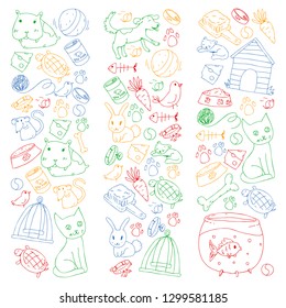 Pet shop. Vector illustration with animals, dog, cat, fish, Colorful background with kitten, bird, puppy. Veterinarian clinic.