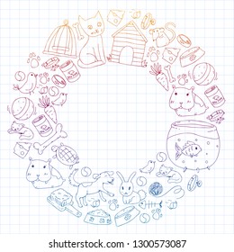 Pet shop. Vector illustration with animals, dog, cat, fish, Colorful background with kitten, bird, puppy. Veterinarian clinic.