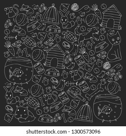 Pet shop. Vector illustration with animals, dog, cat, fish, Colorful background with kitten, bird, puppy. Veterinarian clinic.