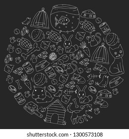 Pet shop. Vector illustration with animals, dog, cat, fish, Colorful background with kitten, bird, puppy. Veterinarian clinic.