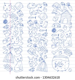 Pet shop. Vector illustration with animals, dog, cat, fish, Colorful background with kitten, bird, puppy. Veterinarian clinic.