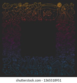 Pet shop. Vector illustration with animals, dog, cat, fish, Colorful background with kitten, bird, puppy. Veterinarian clinic.