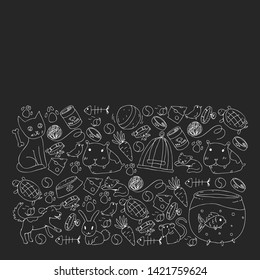 Pet shop. Vector illustration with animals, dog, cat, fish, Colorful background with kitten, bird, puppy. Veterinarian clinic.