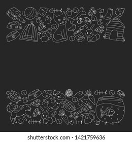 Pet shop. Vector illustration with animals, dog, cat, fish, Colorful background with kitten, bird, puppy. Veterinarian clinic.