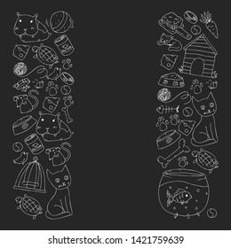 Pet shop. Vector illustration with animals, dog, cat, fish, Colorful background with kitten, bird, puppy. Veterinarian clinic.