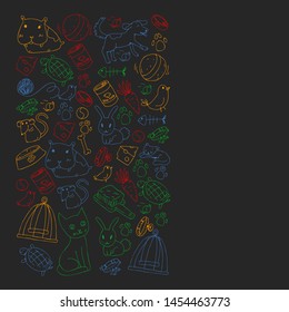 Pet shop. Vector illustration with animals, dog, cat, fish, Colorful background with kitten, bird, puppy. Veterinarian clinic.