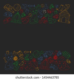 Pet shop. Vector illustration with animals, dog, cat, fish, Colorful background with kitten, bird, puppy. Veterinarian clinic.