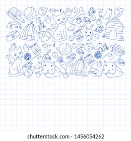 Pet shop. Vector illustration with animals, dog, cat, fish, Colorful background with kitten, bird, puppy. Veterinarian clinic.